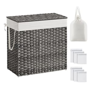 Woven laundry hamper with a removable fabric liner, accompanied by a drawstring laundry bag and multiple white folded cloths or liners.
