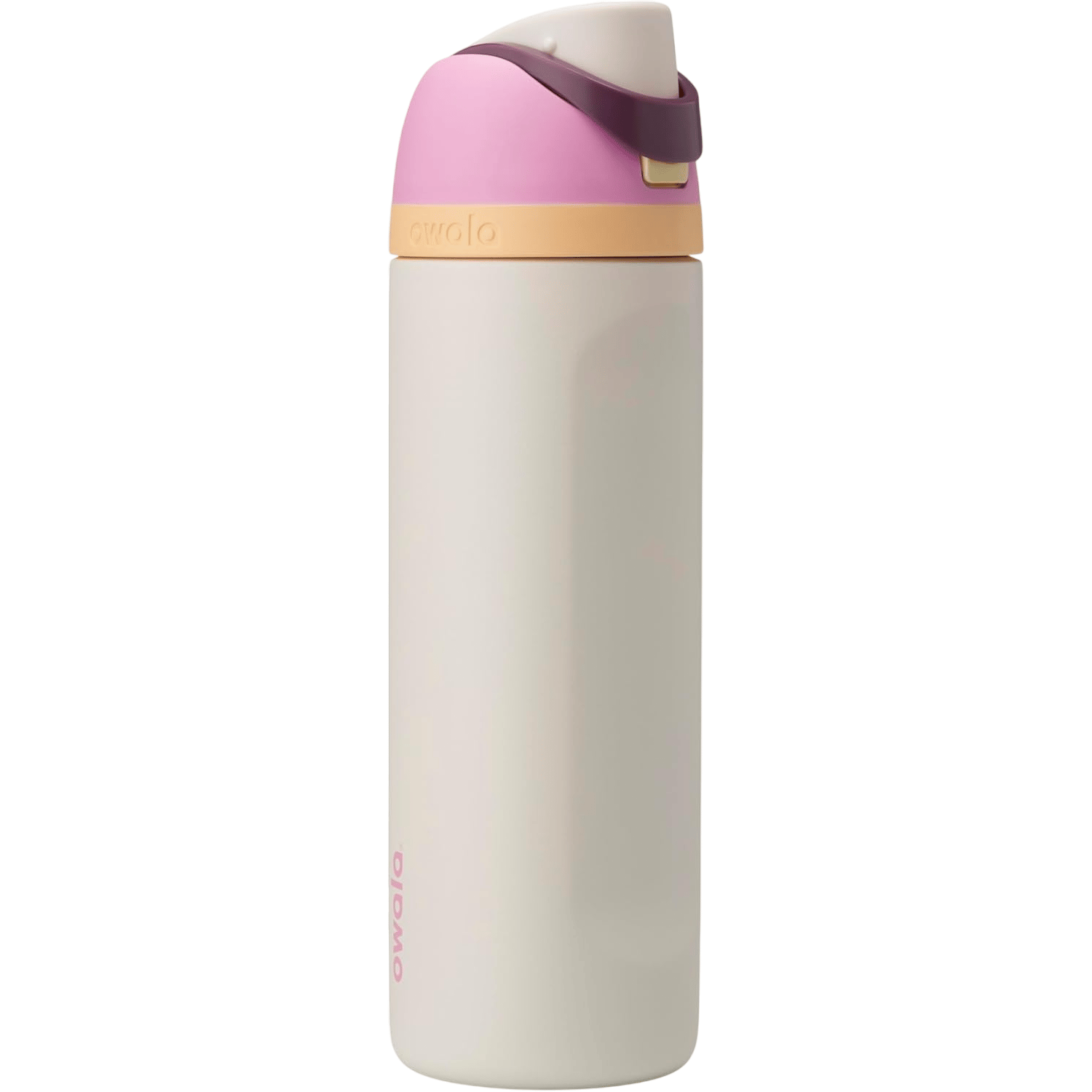 A pastel-colored insulated water bottle with a lid featuring a push-button mechanism and a loop handle, designed to keep beverages at temperature.