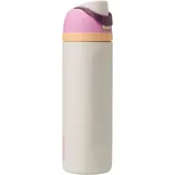 A pastel-colored insulated water bottle with a lid featuring a push-button mechanism and a loop handle, designed to keep beverages at temperature.