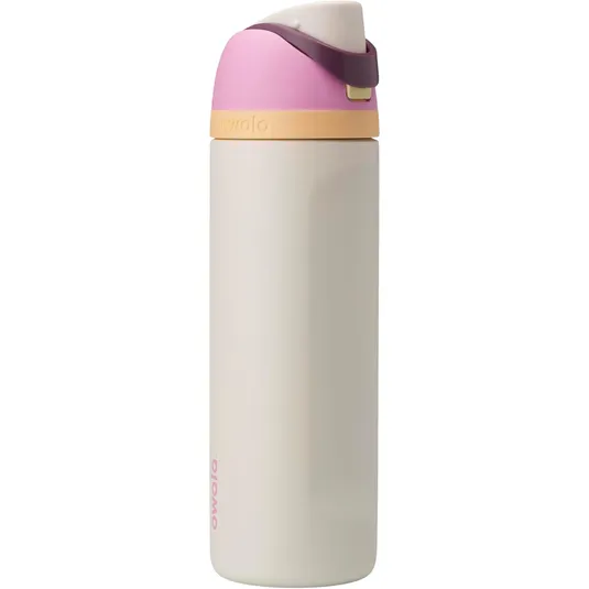 A pastel-colored insulated water bottle with a lid featuring a push-button mechanism and a loop handle, designed to keep beverages at temperature.