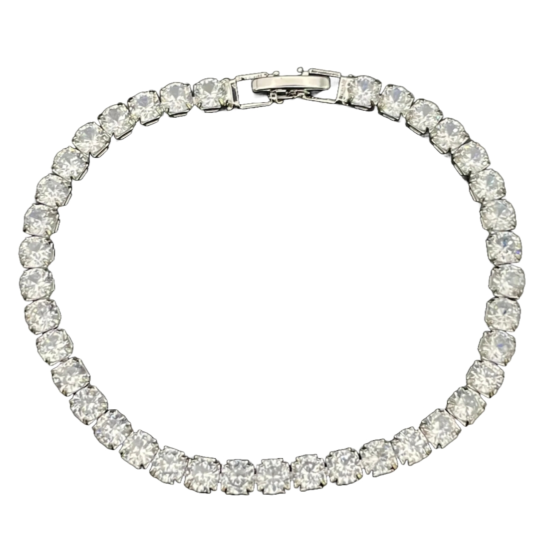 A tennis bracelet with round-cut clear stones set in a continuous line, featuring a clasp closure.