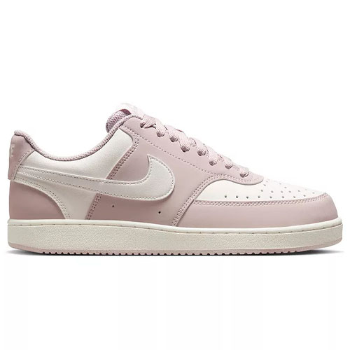 A low-top sneaker with a pink and white color scheme, featuring a perforated toe box and signature swoosh design.