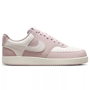 A low-top sneaker with a pink and white color scheme, featuring a perforated toe box and signature swoosh design.