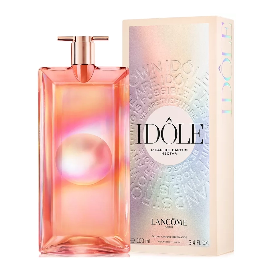 Lancôme Idôle L'Eau de Parfum Nectar, 3.4 oz, features a sleek, pinkish-orange gradient bottle. The packaging displays the brand and fragrance name prominently, suggesting a luxurious scent experience.