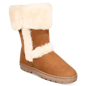 Brown mid-calf winter boots with plush faux fur trim and lining, featuring a round toe and textured sole for added grip.