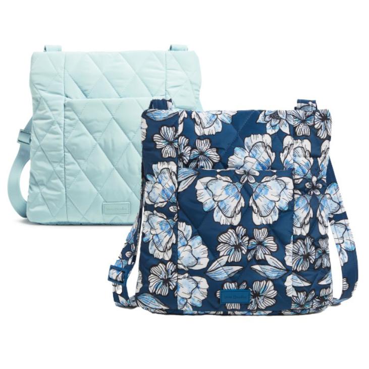 Two quilted shoulder bags, one solid light blue and one patterned with blue and white flowers.