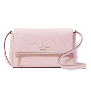 A pink leather crossbody bag with a front zipper pocket and gold \“kate spade NEW YORK\“ branding.