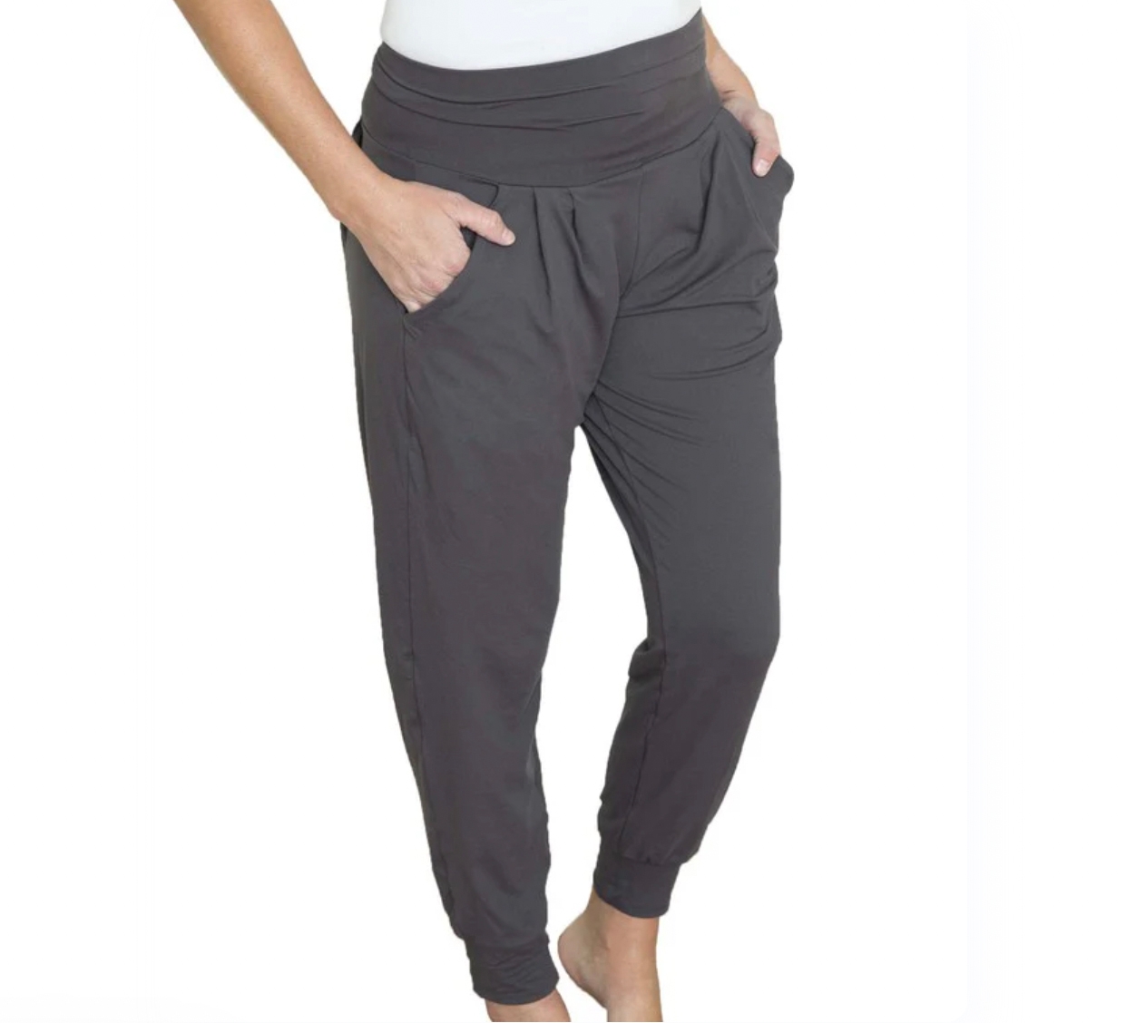 Gray harem pants with pockets and a wide waistband.