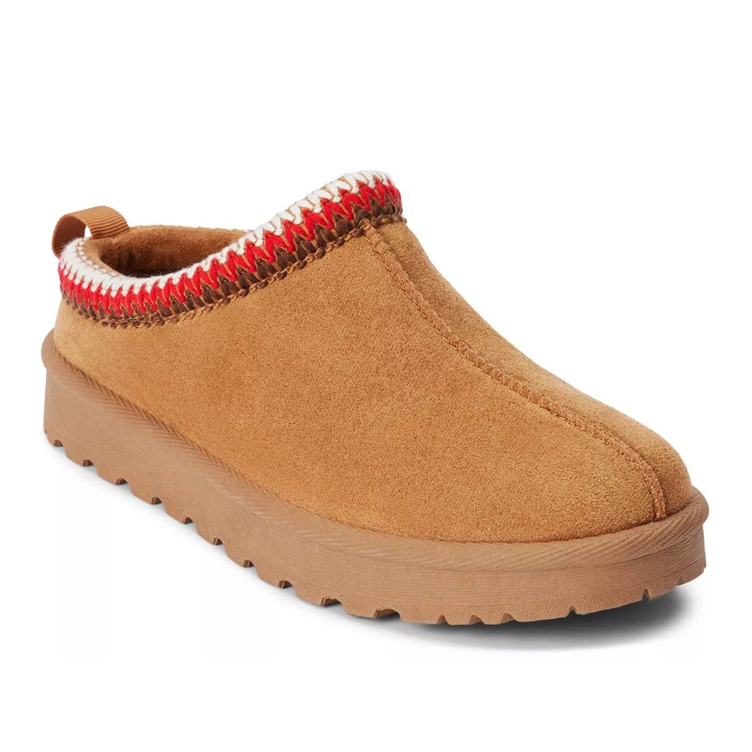 Tan suede slip-on shoe with a textured sole and woven red and white trim around the opening.