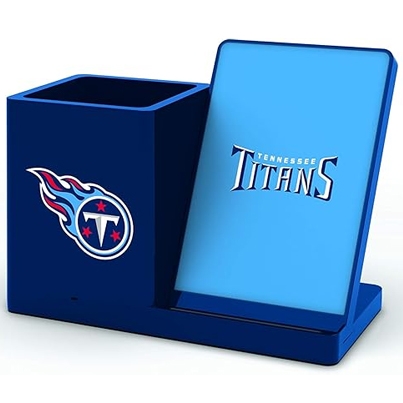 Blue NFL-themed wireless charger and organizer with Tennessee Titans logo, featuring a charging stand and a compartment for holding items.