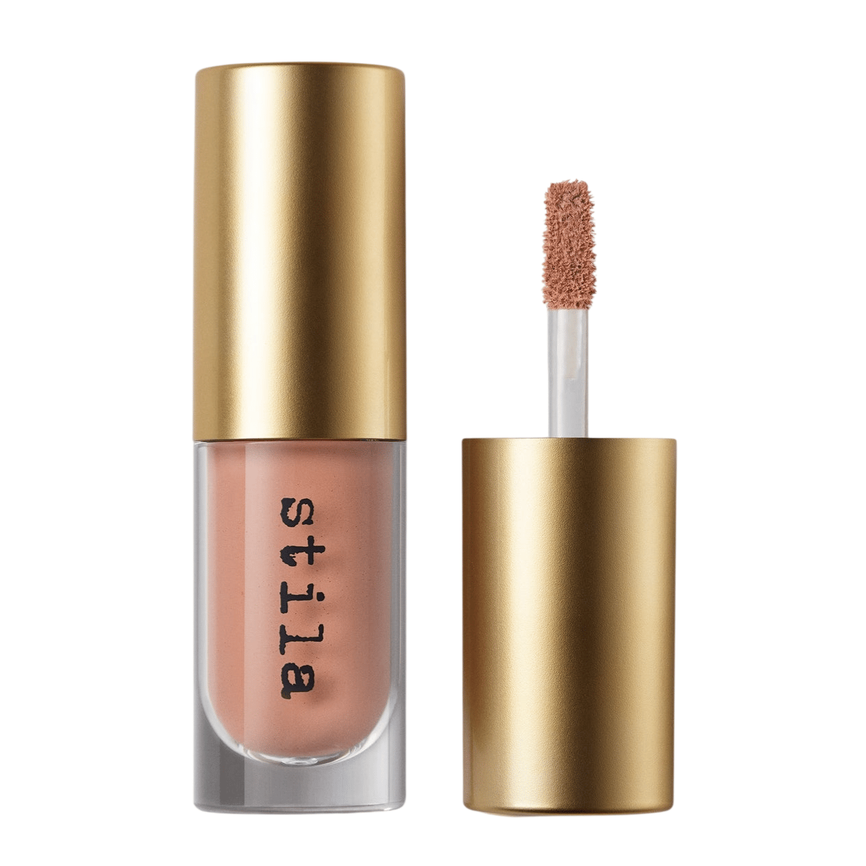 Stila liquid lipstick with a gold cap is open, revealing an applicator with a soft, nude-pink shade.