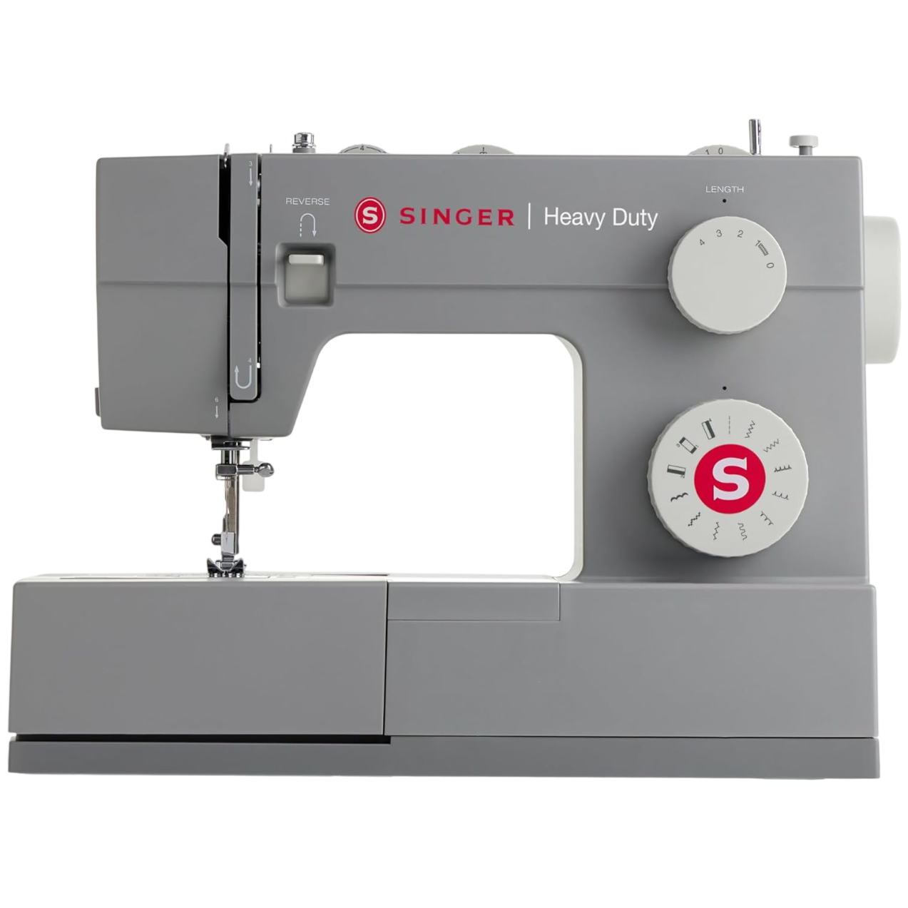 Singer Heavy Duty sewing machine, featuring adjustment knobs for stitch length and type, a reverse lever, and a robust build for versatile sewing tasks.