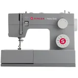Singer Heavy Duty sewing machine, featuring adjustment knobs for stitch length and type, a reverse lever, and a robust build for versatile sewing tasks.