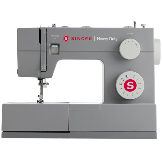 Singer Heavy Duty sewing machine, featuring adjustment knobs for stitch length and type, a reverse lever, and a robust build for versatile sewing tasks.