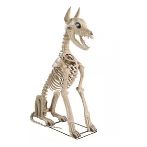 A dog skeleton decoration with moving head and jaw, featuring a glowing blue eye.