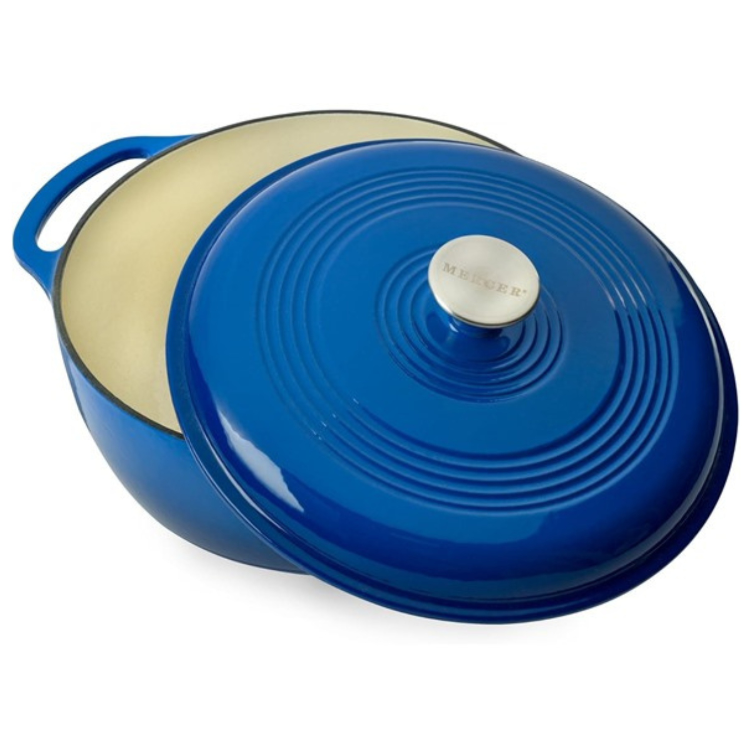 Blue cast iron round Dutch oven with a cream-colored interior and a stainless steel knob labeled \“Mercer\“ on the lid. It features a side handle for easy lifting and has a ribbed design on the lid.
