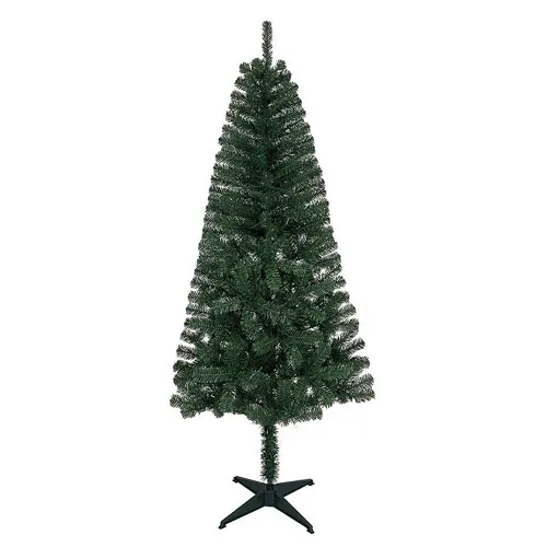 Artificial Christmas tree with a sparse, slim design and a four-legged stand.