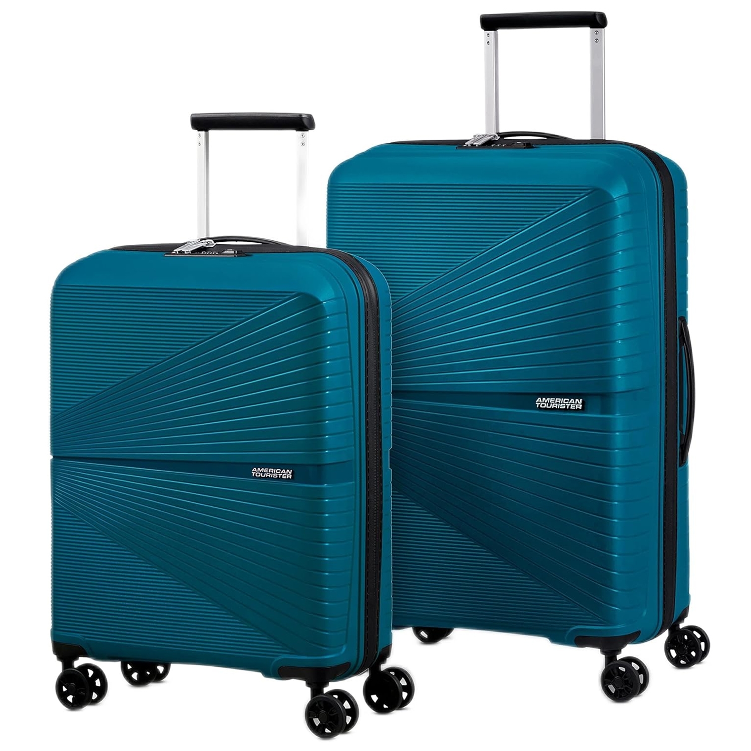 A teal American Tourister luggage set featuring two pieces with a textured design, telescopic handles, and four spinner wheels each.
