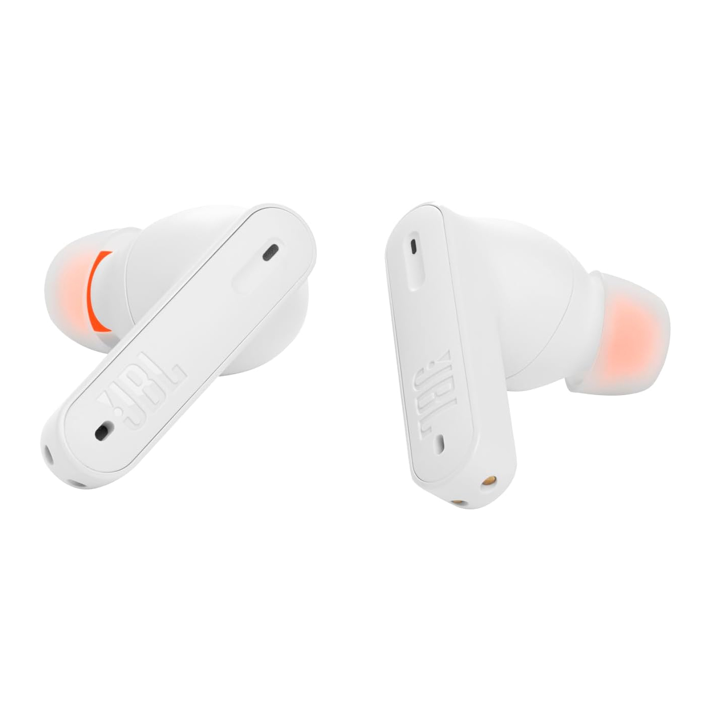 White wireless earbuds with the JBL logo.