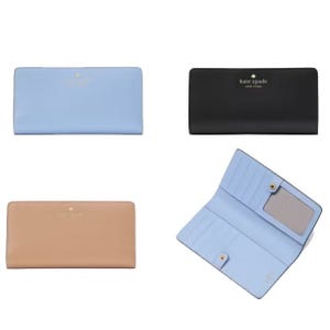 Four wallets in different colors and designs, with two showcasing the interior view and card slots.