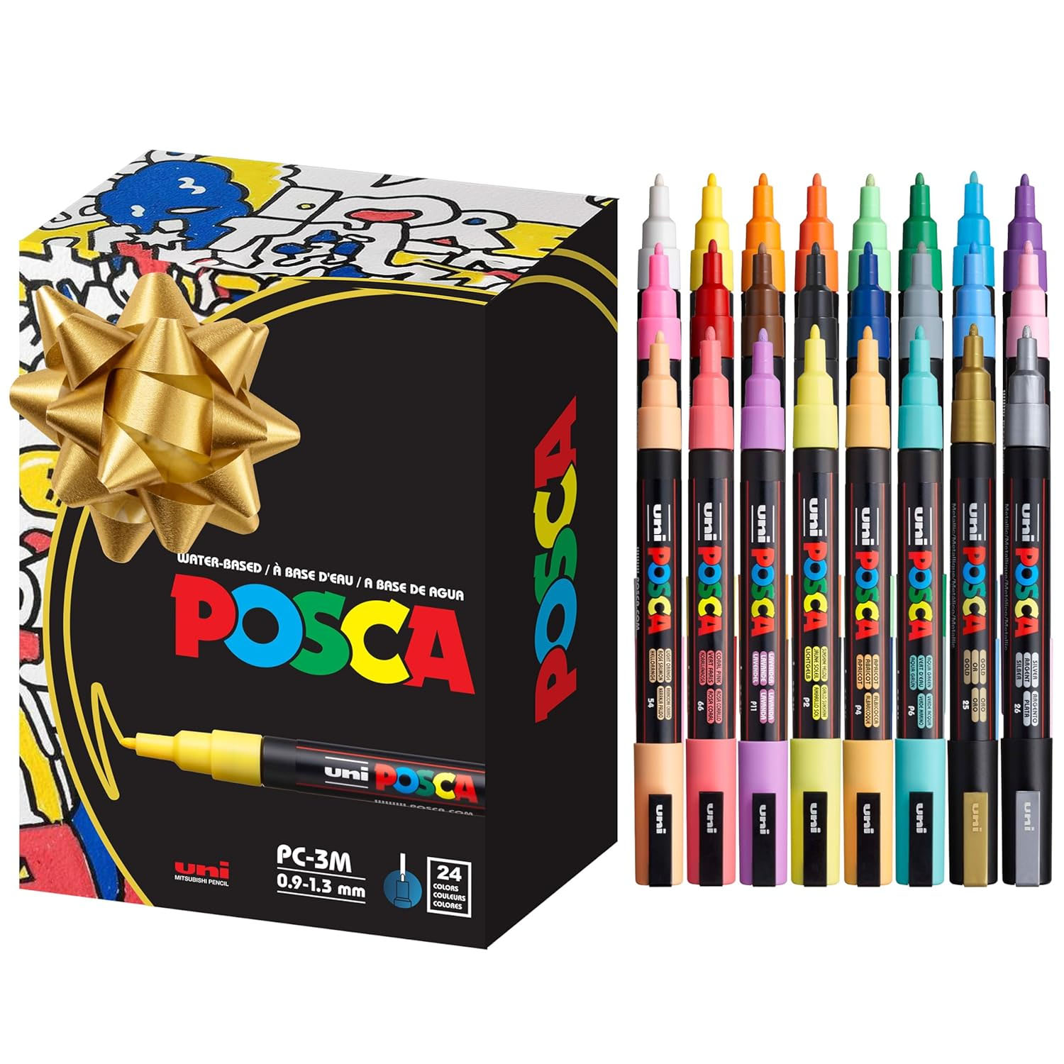 Posca Paint Marker Gift Set includes 24 water-based markers with a 0.9-1.3 mm tip, featuring a variety of vibrant colors, packaged in a box adorned with a golden bow.