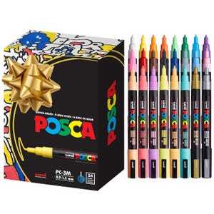 Posca Paint Marker Gift Set includes 24 water-based markers with a 0.9-1.3 mm tip, featuring a variety of vibrant colors, packaged in a box adorned with a golden bow.