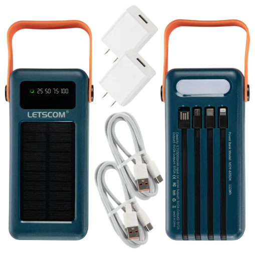 Solar power bank with built-in cables and a digital display, featuring an orange handle. Includes two USB adapters and two USB to micro USB cables.