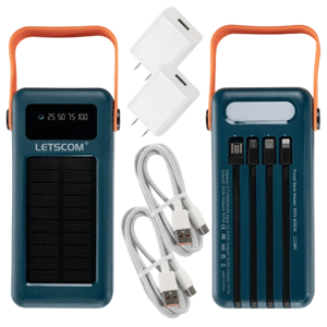 Solar power bank with built-in cables and a digital display, featuring an orange handle. Includes two USB adapters and two USB to micro USB cables.