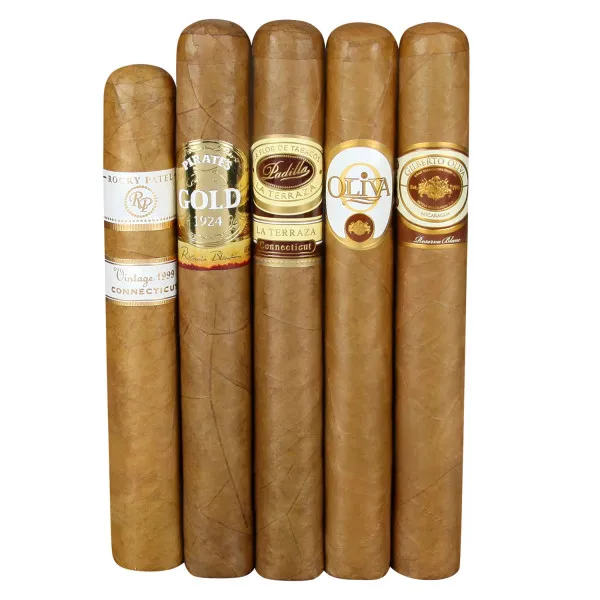 Five cigars are shown with bands labeled: Rocky Patel Vintage 1999 Connecticut, Gurkha's Gold 1924, Padilla La Terraza Connecticut, Oliva, and Reserva Blanc.