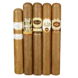 Five cigars are shown with bands labeled: Rocky Patel Vintage 1999 Connecticut, Gurkha's Gold 1924, Padilla La Terraza Connecticut, Oliva, and Reserva Blanc.