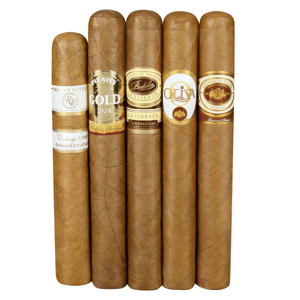 Five cigars are shown with bands labeled: Rocky Patel Vintage 1999 Connecticut, Gurkha's Gold 1924, Padilla La Terraza Connecticut, Oliva, and Reserva Blanc.