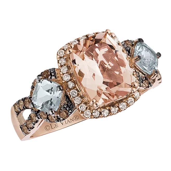 A Le Vian ring featuring a large peach-colored gemstone at the center, flanked by two blue stones, all surrounded by smaller white diamonds set in a rose gold band.