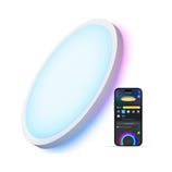 The Govee Smart Ceiling Light is a circular, color-changing LED light controlled via a smartphone app, allowing users to customize brightness and color settings.
