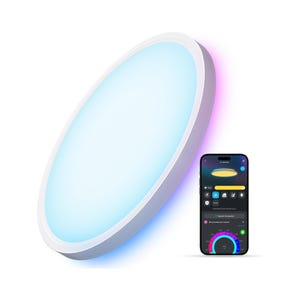 The Govee Smart Ceiling Light is a circular, color-changing LED light controlled via a smartphone app, allowing users to customize brightness and color settings.