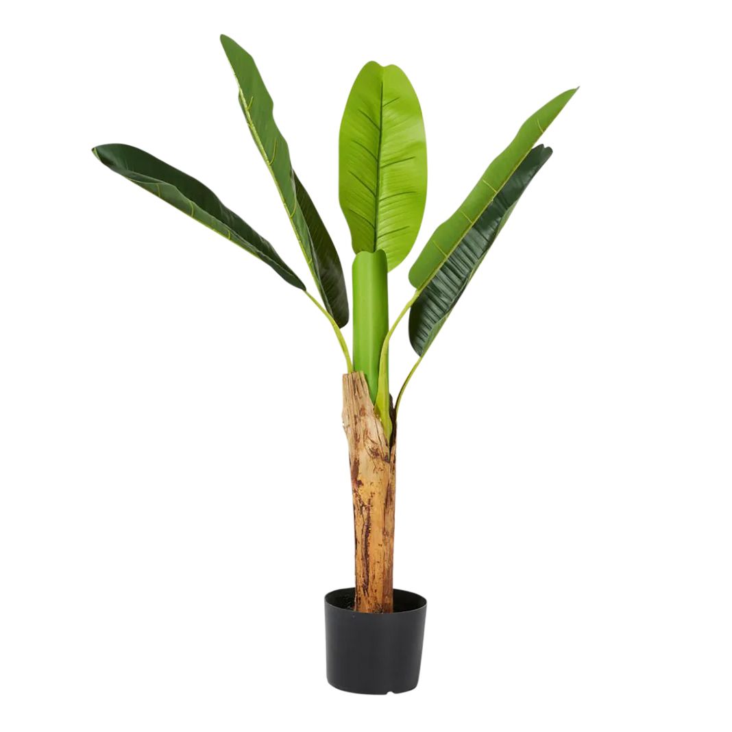 A 40-inch faux banana tree with realistic green leaves and a textured trunk, potted in a simple black container.