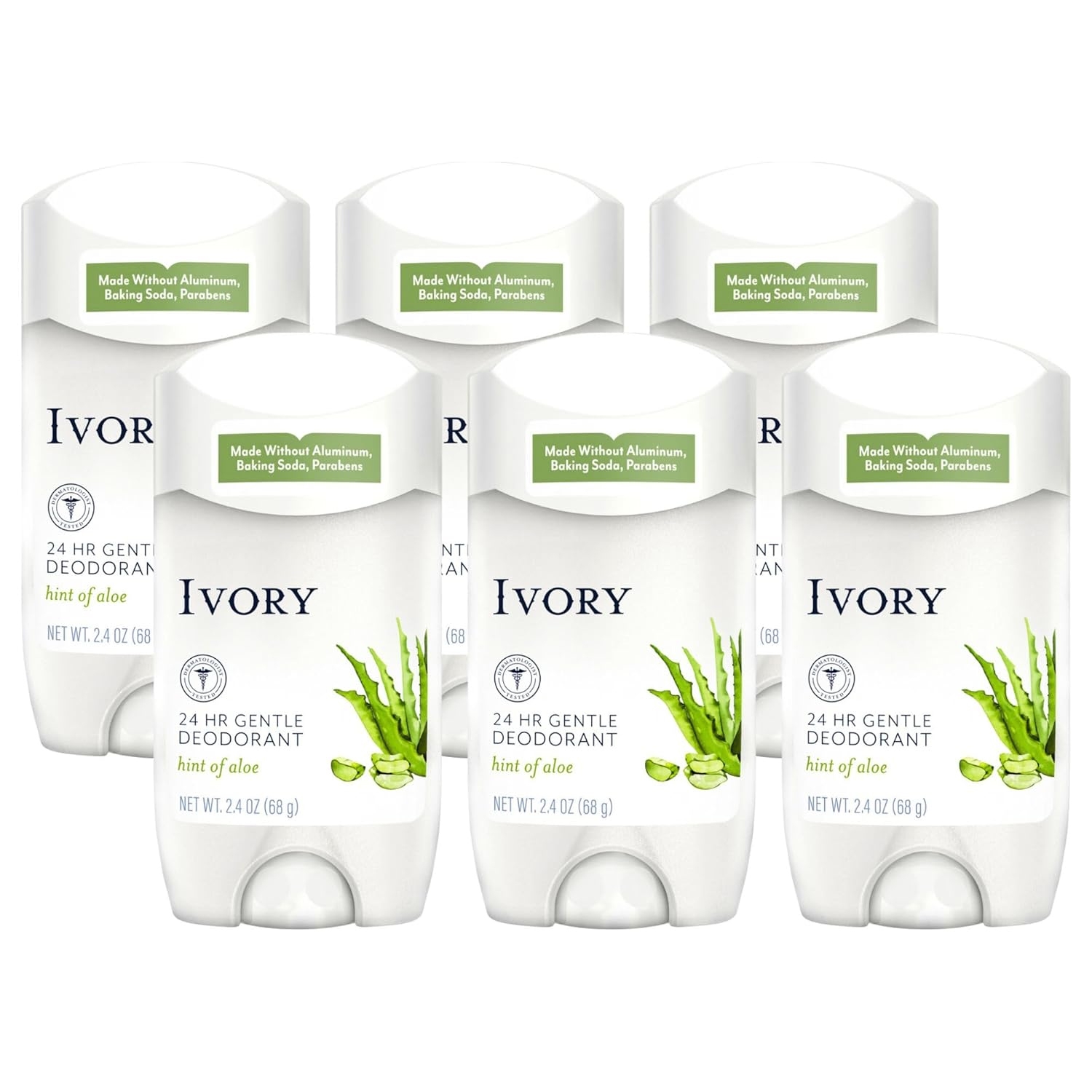 Ivory 24-hour gentle deodorant with a hint of aloe, made without aluminum, baking soda, and parabens. Contains 2.4 oz (68 g) each, shown in a pack of six.