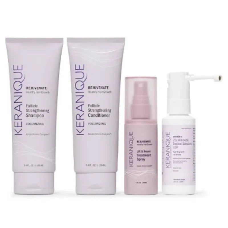 Keranique Hair Regrowth System includes Follicle Strengthening Shampoo and Conditioner, Lift & Repair Treatment Spray, and a Women's 2% Minoxidil Topical Solution for hair growth.