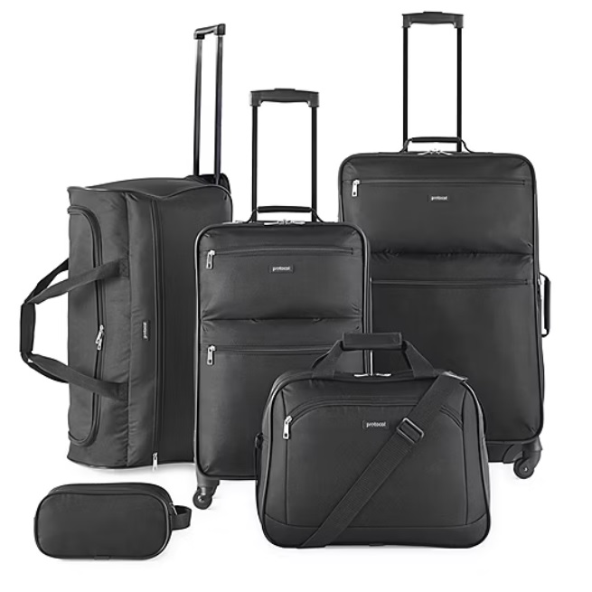 A five-piece black luggage set featuring a large rolling suitcase, a medium rolling suitcase, a duffel bag, a carry-on bag with a shoulder strap, and a toiletry kit.