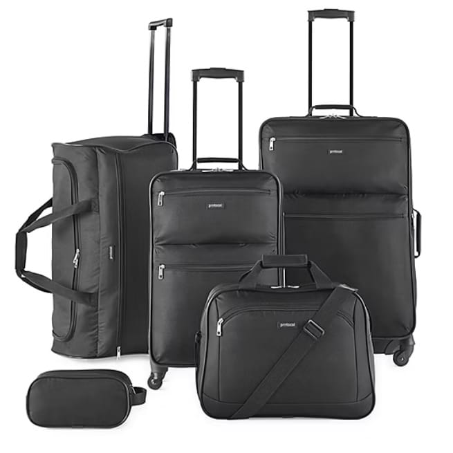 A five-piece black luggage set featuring a large rolling suitcase, a medium rolling suitcase, a duffel bag, a carry-on bag with a shoulder strap, and a toiletry kit.