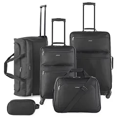 A five-piece black luggage set featuring a large rolling suitcase, a medium rolling suitcase, a duffel bag, a carry-on bag with a shoulder strap, and a toiletry kit.