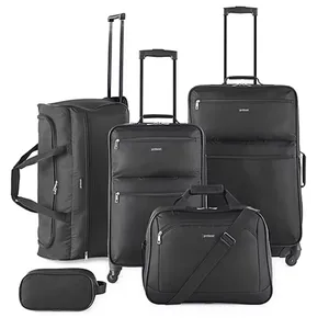 A five-piece black luggage set featuring a large rolling suitcase, a medium rolling suitcase, a duffel bag, a carry-on bag with a shoulder strap, and a toiletry kit.
