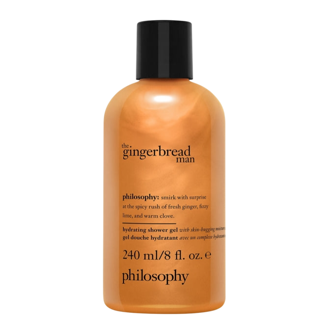 Philosophy gingerbread man hydrating shower gel, 240 ml/8 fl. oz., features a scent of ginger, lime, and clove.