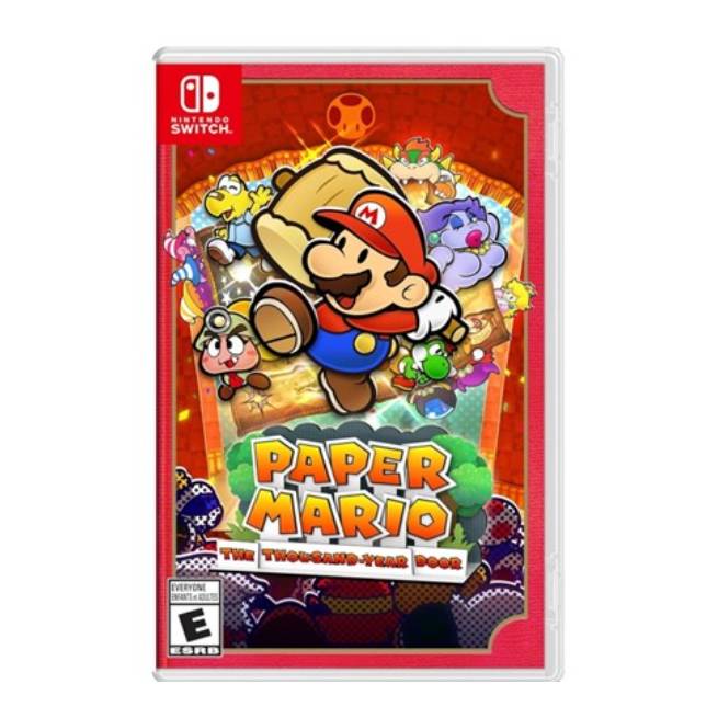 Cover of \“Paper Mario: The Thousand-Year Door\“ for the Nintendo Switch, featuring cartoon-style Mario and various colorful characters on a vibrant red background, with an ESRB rating of E for Everyone.