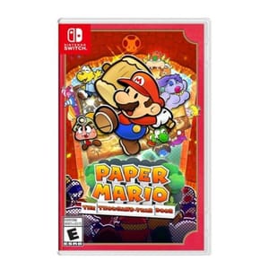 Cover of \“Paper Mario: The Thousand-Year Door\“ for the Nintendo Switch, featuring cartoon-style Mario and various colorful characters on a vibrant red background, with an ESRB rating of E for Everyone.