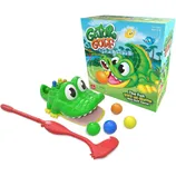 Gator Golf is a colorful children’s mini-golf game featuring a green cartoon alligator with wide eyes and a red golf club. It includes several colorful balls, designed for 2-4 players ages 3 and up.