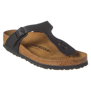 Birkenstock Gizeh Birko-Flor Sandal features a black thong-style strap with an adjustable buckle, a cork-latex footbed, and a textured rubber sole.