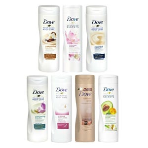 A selection of Dove lotions featuring various types such as Pampering, Glowing Ritual, Essential, Intensive, Summer Glow, and Invigorating Ritual, suitable for different skin types including dry and extra dry.
