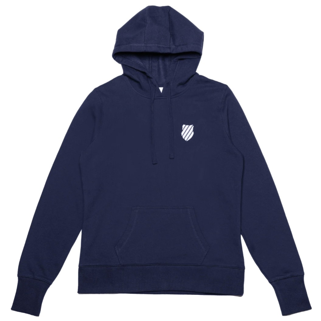 A navy blue hoodie with a front pouch pocket and a white shield logo on the chest.