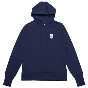 A navy blue hoodie with a front pouch pocket and a white shield logo on the chest.