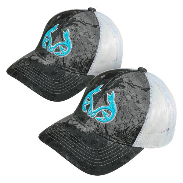 Two black and white trucker hats with camouflage patterns and a blue antler logo on the front.